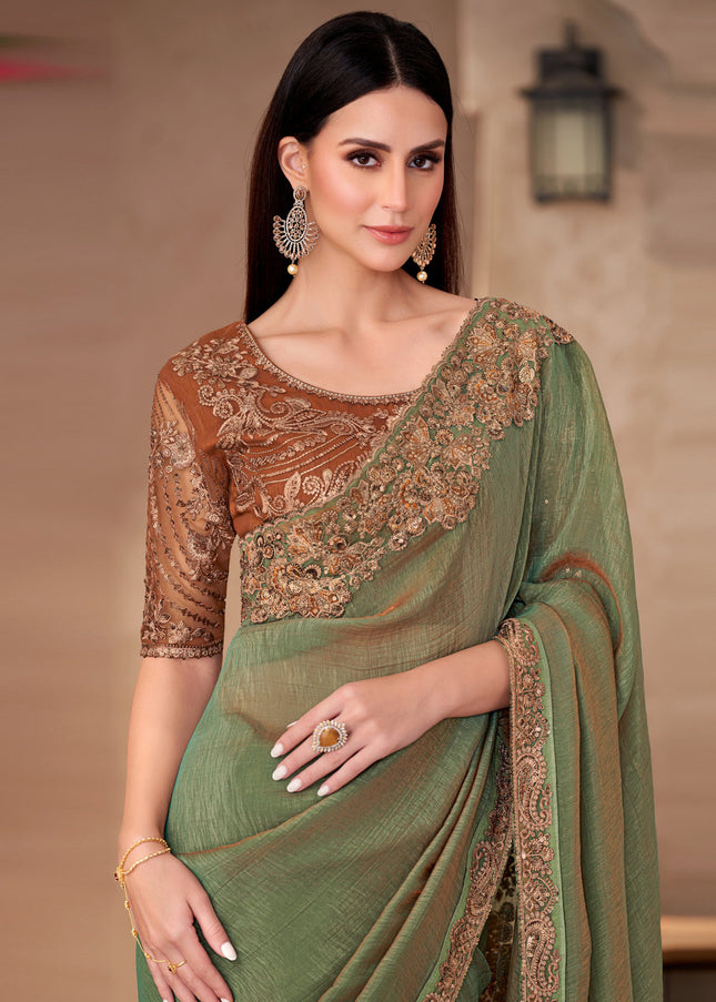 Rust and Green Embroidered Saree