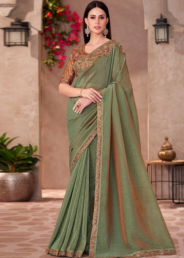 Rust and Green Embroidered Saree