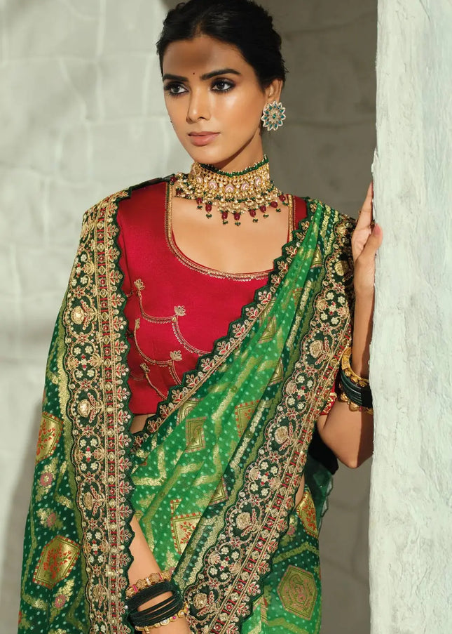 Pink and Green Embroidered Saree