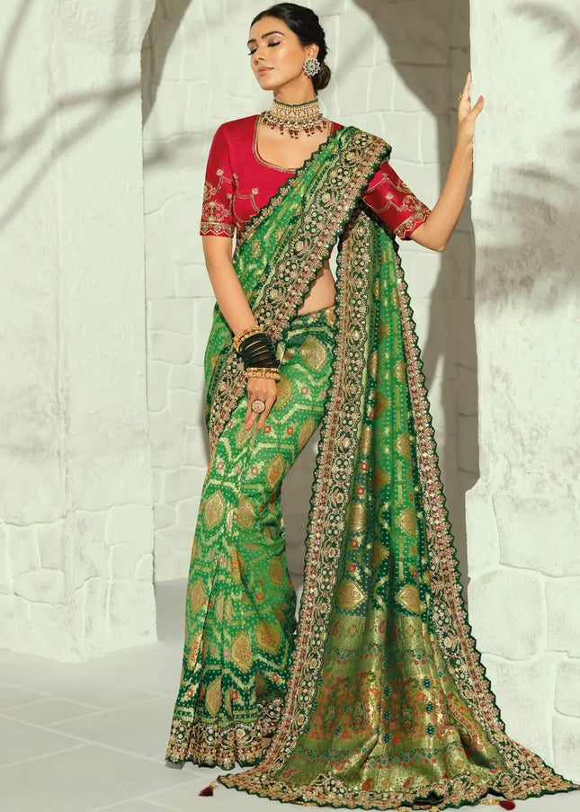 Pink and Green Embroidered Saree