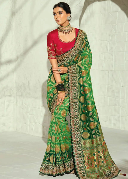Pink and Green Embroidered Saree