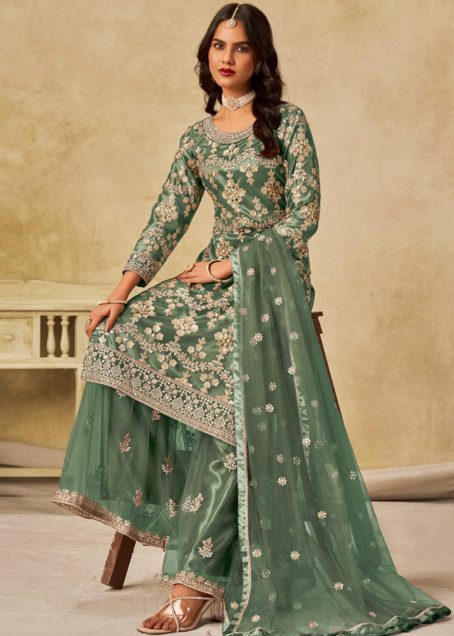 Green Embroidered Sharara Suit