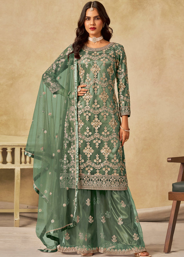 Green Embroidered Sharara Suit