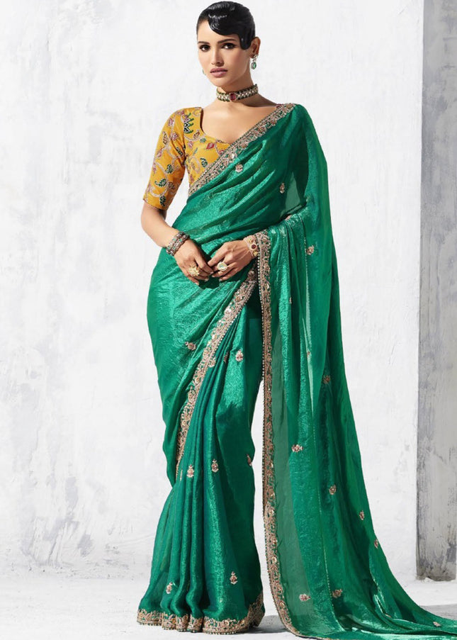 Green Embroidered Festive Saree