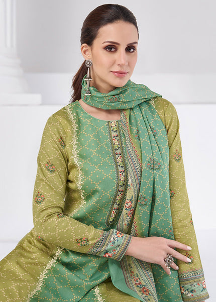 Green Embroidered Straight Suit