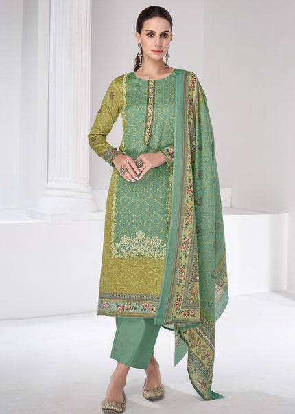 Green Embroidered Straight Suit