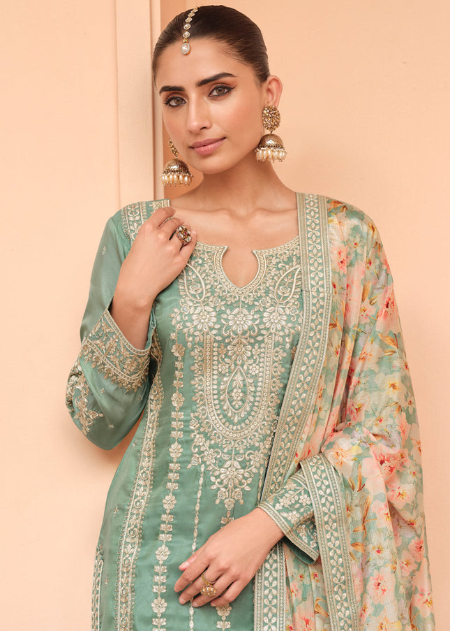 Sea Green Embroidered Sharara Suit