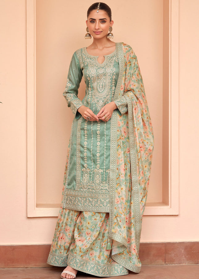 Sea Green Embroidered Sharara Suit