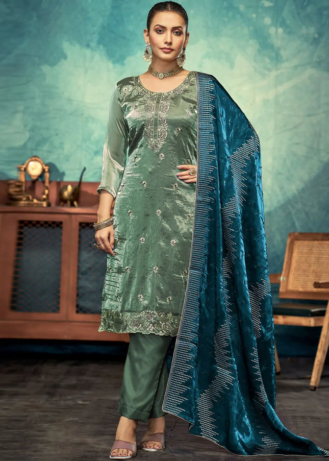 Green Embroidered Pant Style Suit