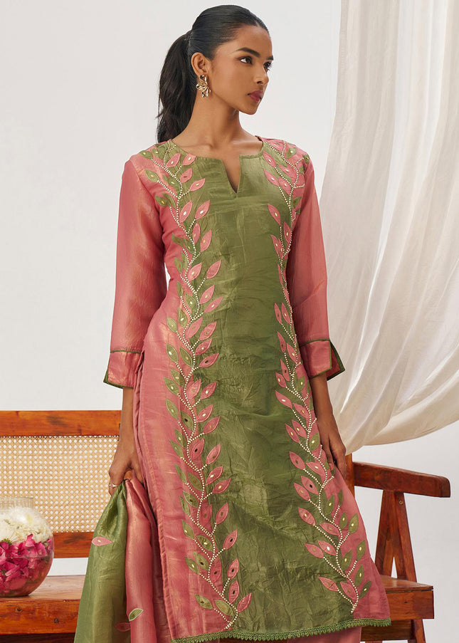Green and Pink Embroidered Pant Suit