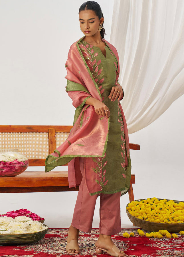 Green and Pink Embroidered Pant Suit
