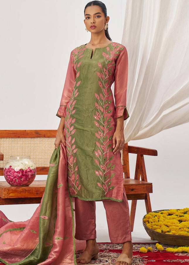 Green and Pink Embroidered Pant Suit