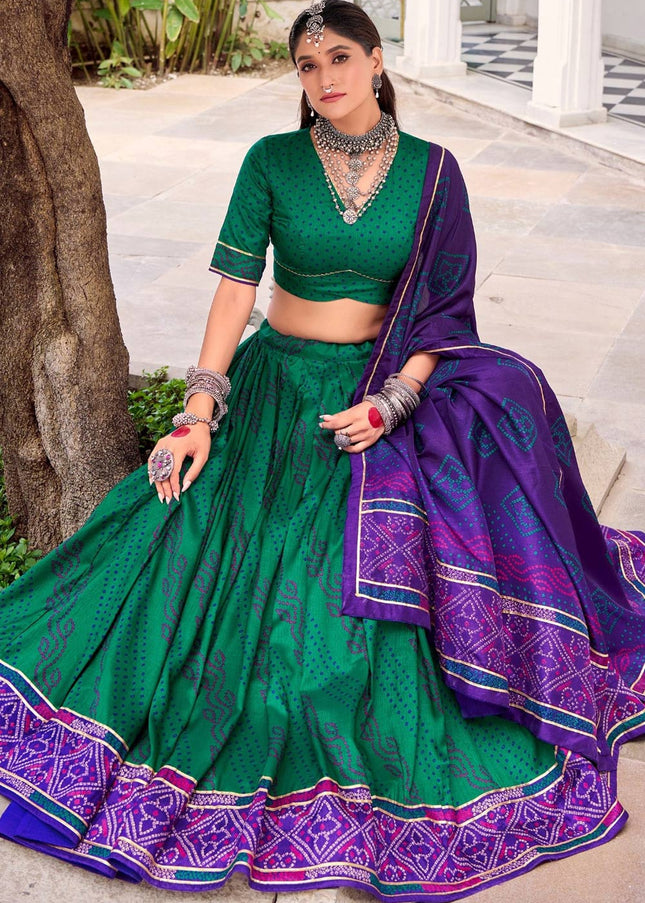Green and Purple Printed and Embroidered Lehenga Choli