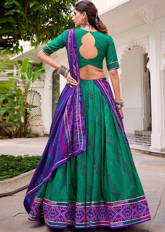 Green and Purple Printed and Embroidered Lehenga Choli