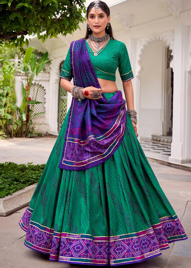 Green and Purple Printed and Embroidered Lehenga Choli