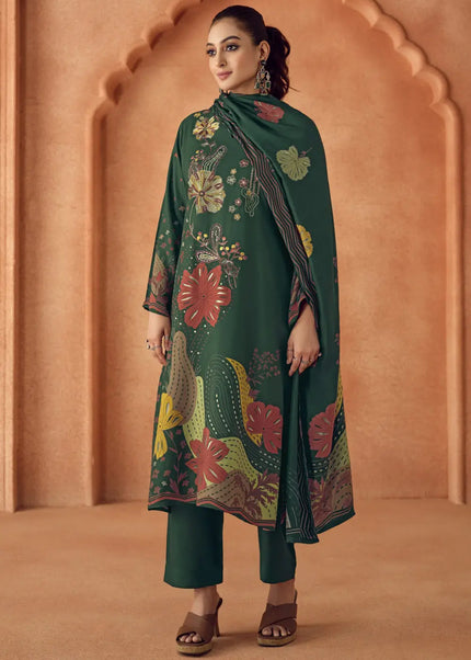 Green Multicolor Printed and Embroidered Pant Suit