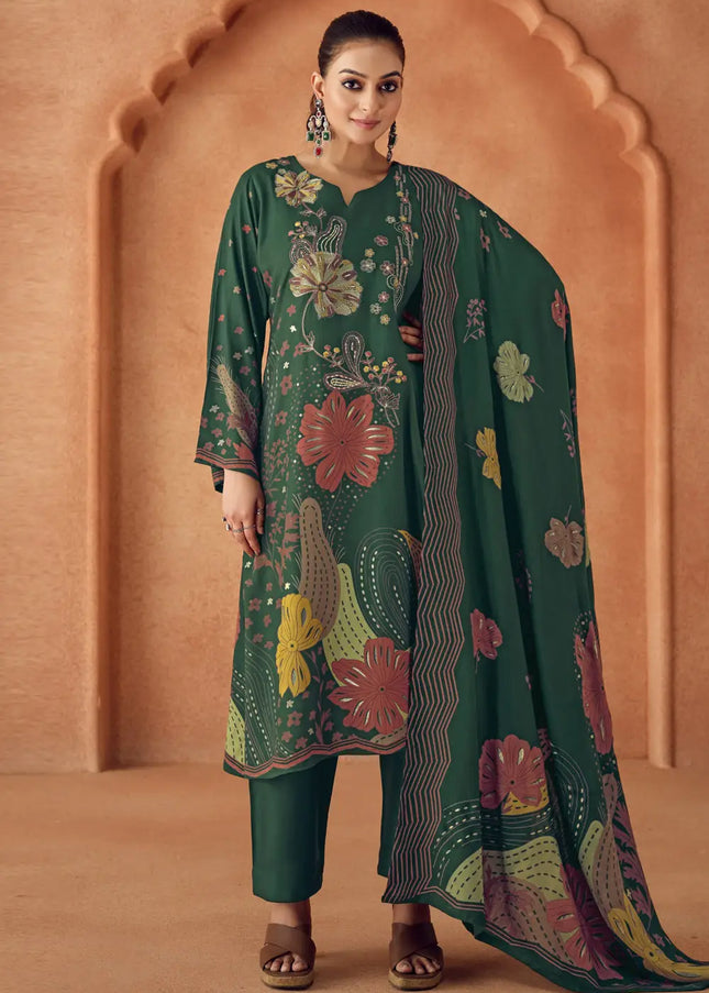 Green Multicolor Printed and Embroidered Pant Suit