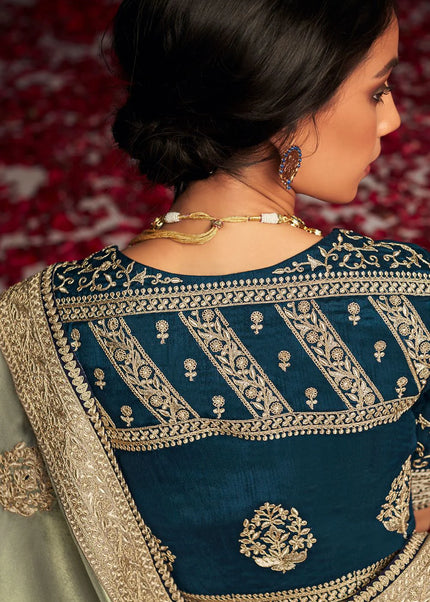 Green and Blue Embroidered Wedding Saree