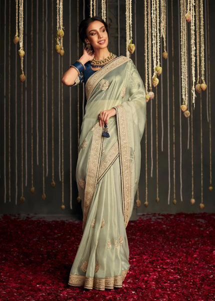 Green and Blue Embroidered Wedding Saree