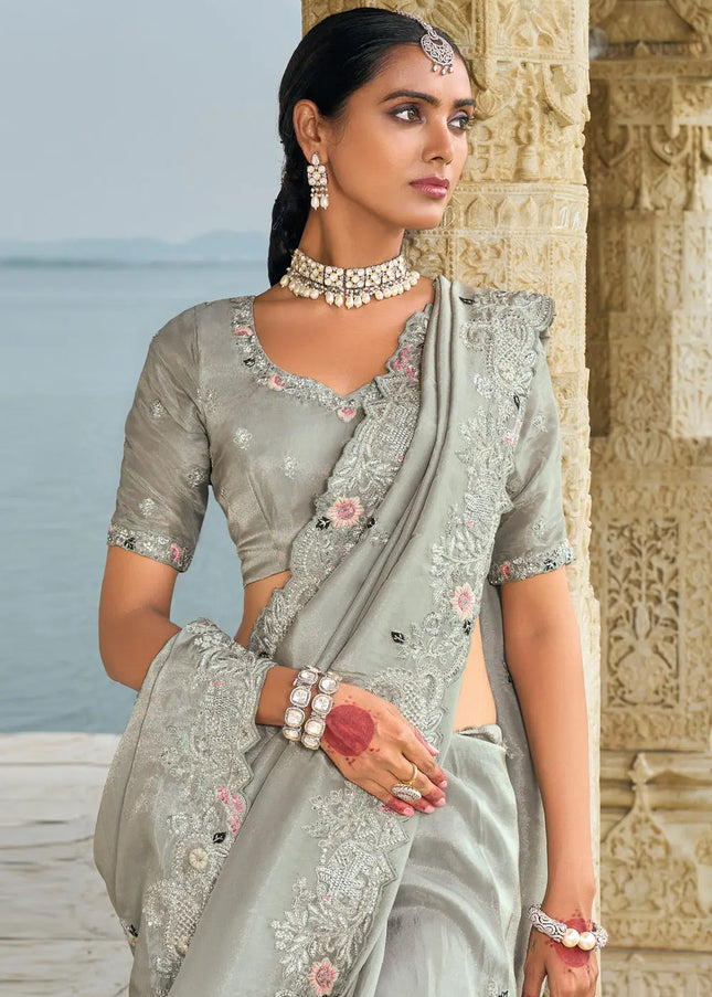 Grey Embroidered Banarsi Silk Saree