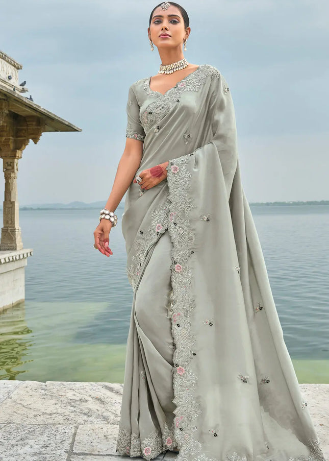 Grey Embroidered Banarsi Silk Saree