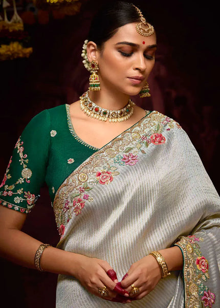 Green and Grey Embroidered Wedding Saree