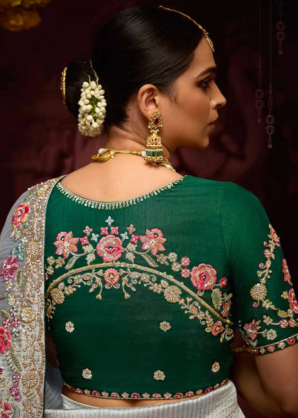 Green and Grey Embroidered Wedding Saree