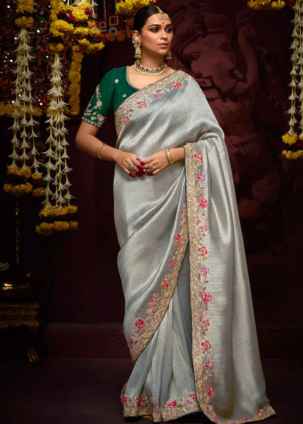 Green and Grey Embroidered Wedding Saree