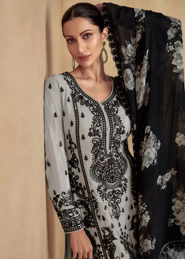 Grey Embroidered Sharara Suit