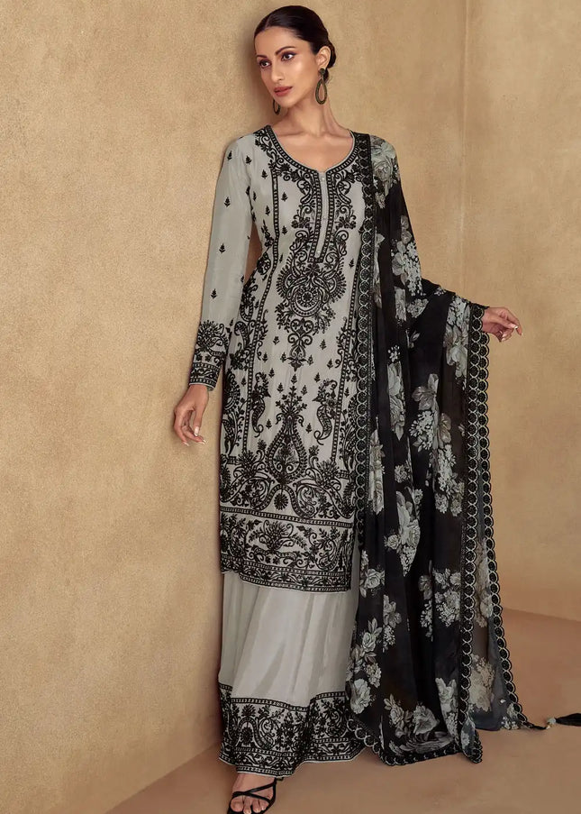 Grey Embroidered Sharara Suit