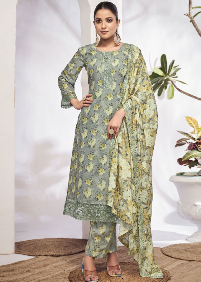 Grey Floral Printed and Embroidered Pant Style Suit