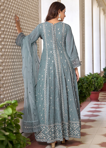 Grey Embroidered Pant Style Anarkali