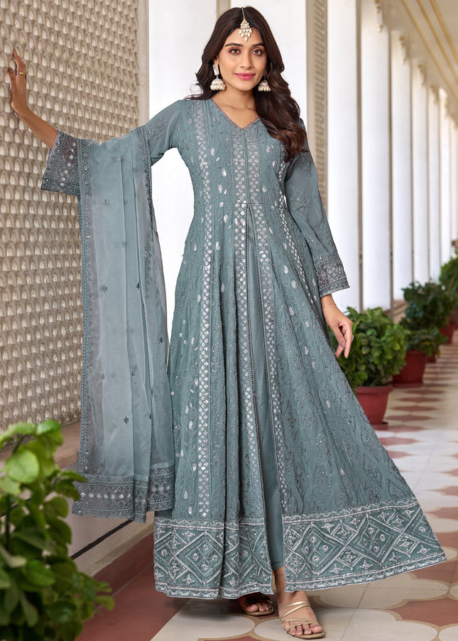 Grey Embroidered Pant Style Anarkali