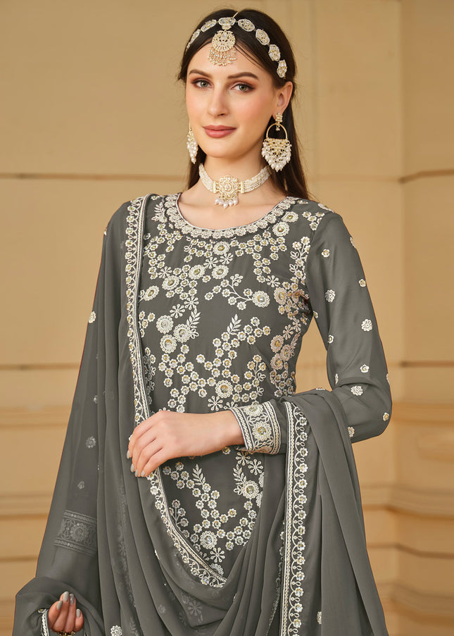 Grey Embroidered Gharara Suit