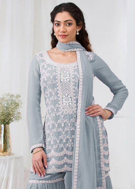 Grey Embroidered Gharara Suit