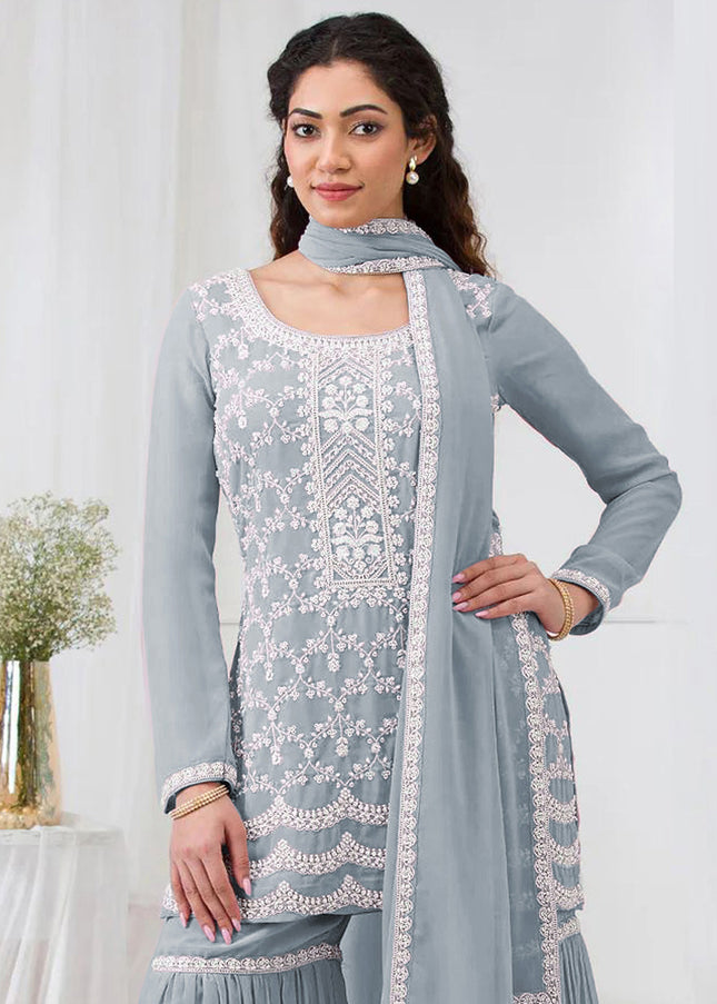 Grey Embroidered Gharara Suit