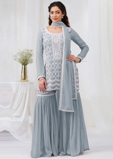 Grey Embroidered Gharara Suit