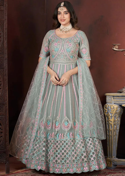 Grey Embroidered Anarkali Gown