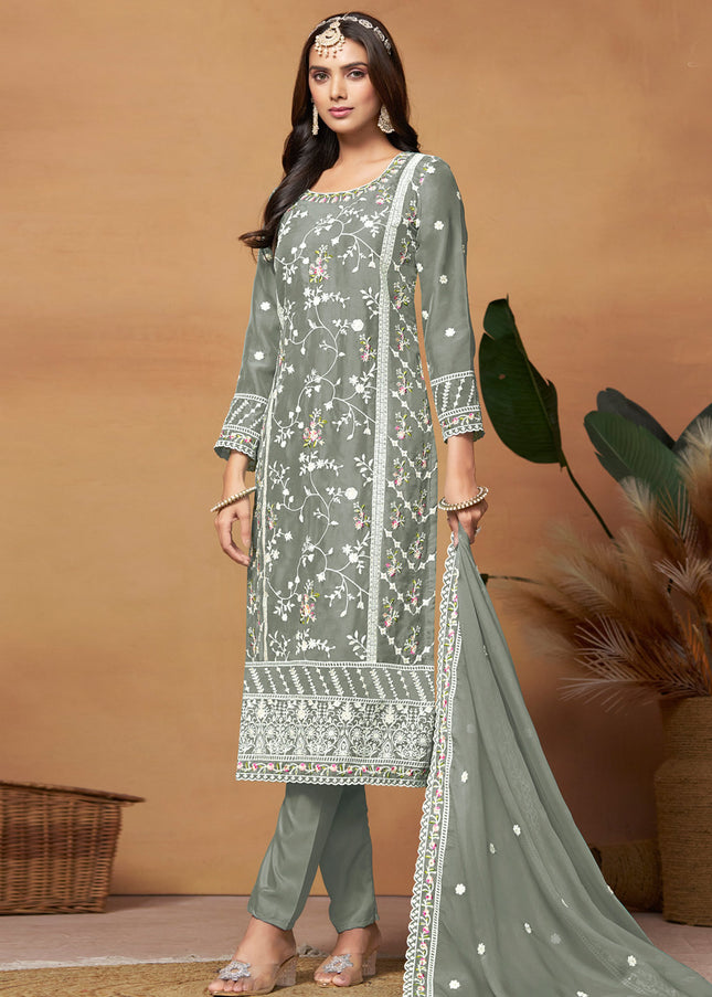 Grey Embroidered Pant Style Suit