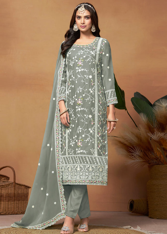 Grey Embroidered Pant Style Suit