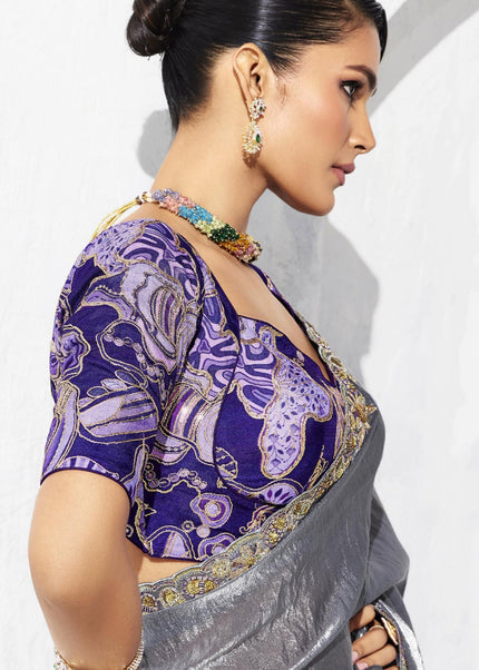 Grey Embroidered Festive Saree
