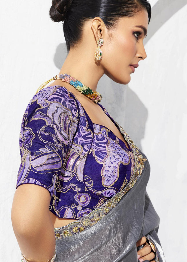 Grey Embroidered Festive Saree