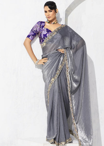 Grey Embroidered Festive Saree