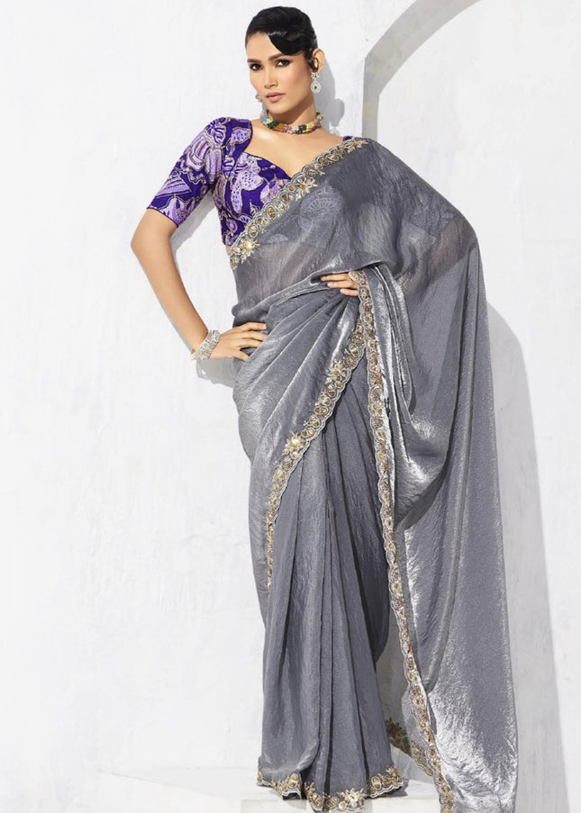 Grey Embroidered Festive Saree