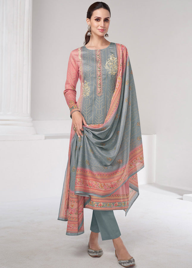Green and Pink Embroidered Straight Suit