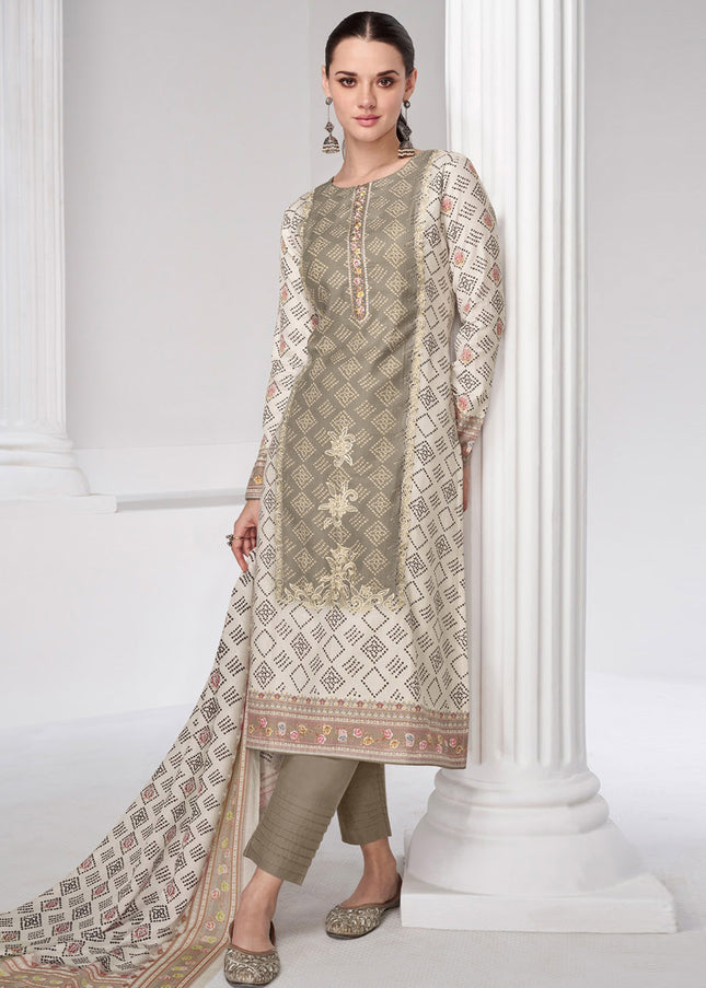 Grey and White Embroidered Straight Suit