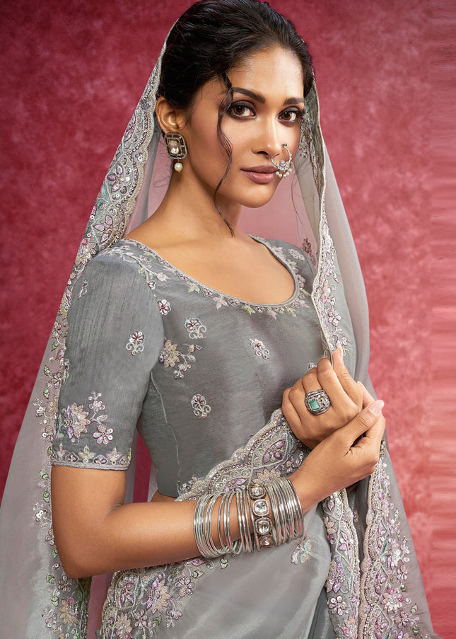 Grey Embroidered Wedding Saree