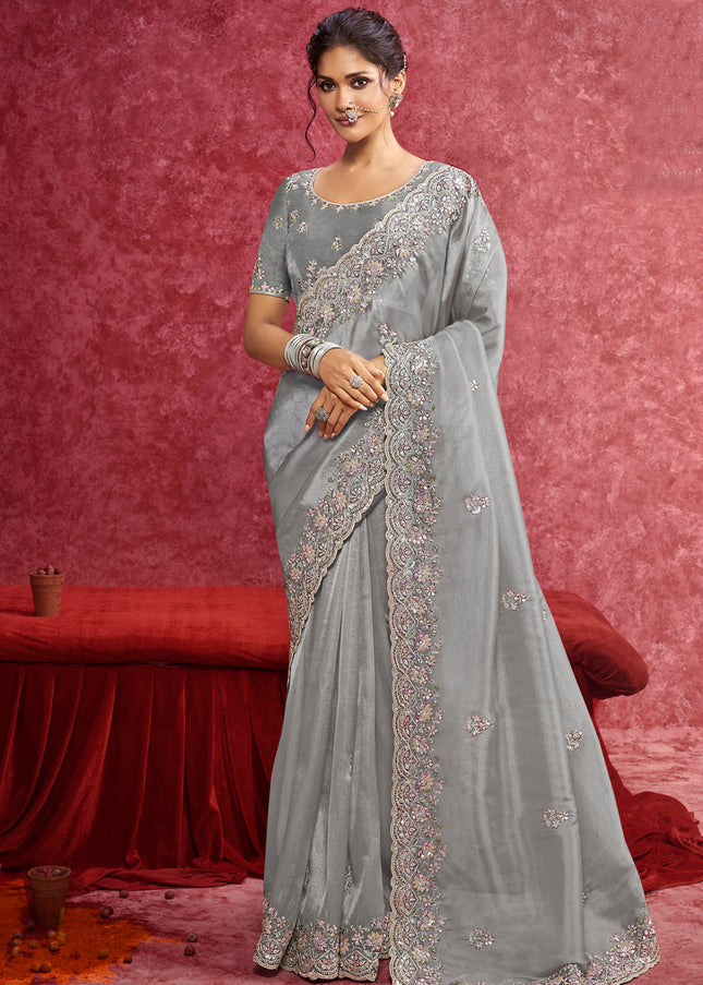 Grey Embroidered Wedding Saree
