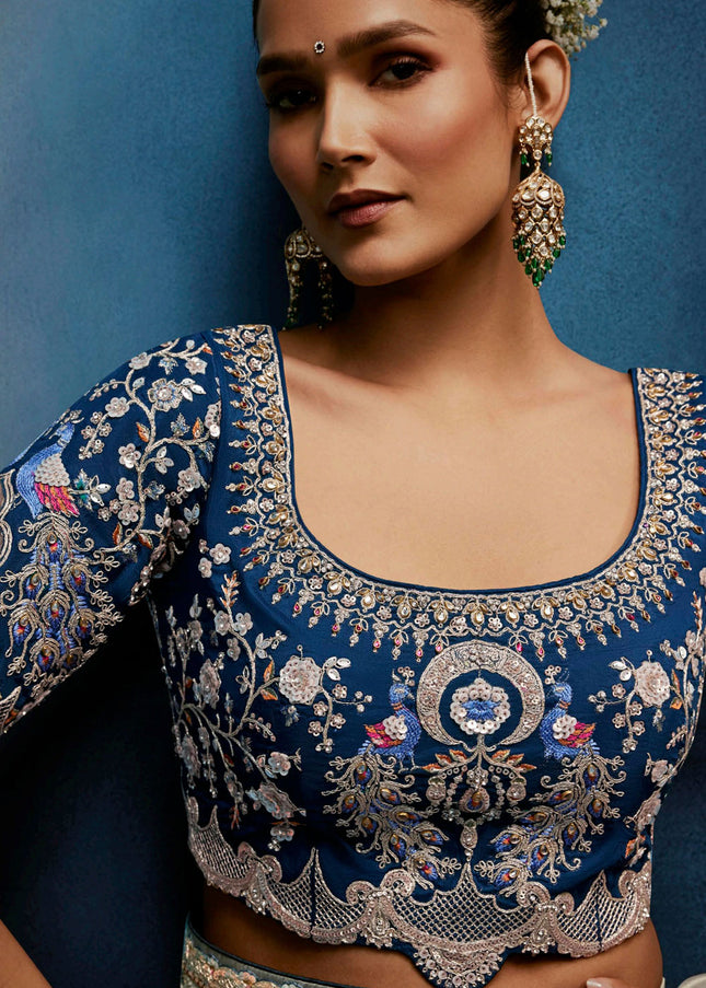 Grey and Blue Embroidered Festive Saree