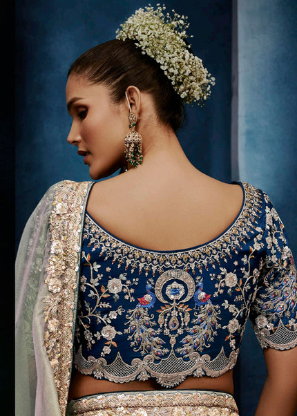 Grey and Blue Embroidered Festive Saree